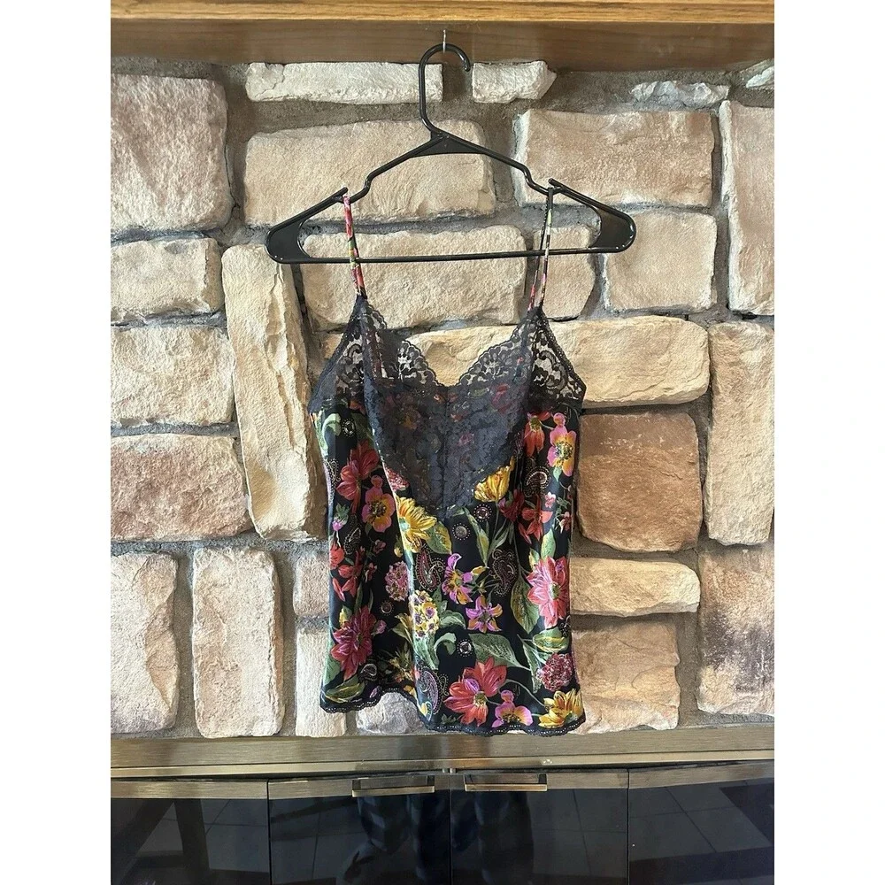 VTG 90s Vanity Fair Cami Tank Top Sz 34 Floral Paisley Black Lace USA Satin M/L